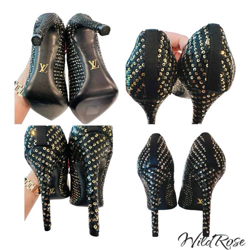 Louis Vuitton LV ‘Midnight Sun’ Black & Gold Sequins Pointy Toe Leather Pumps 36 - Picture 15 of 16